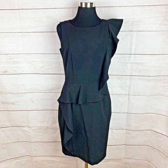 Calvin Klein Dress Black 8 Medium Ruffle Bodycon Formal Classic Zipper Career - Picture 8 of 16